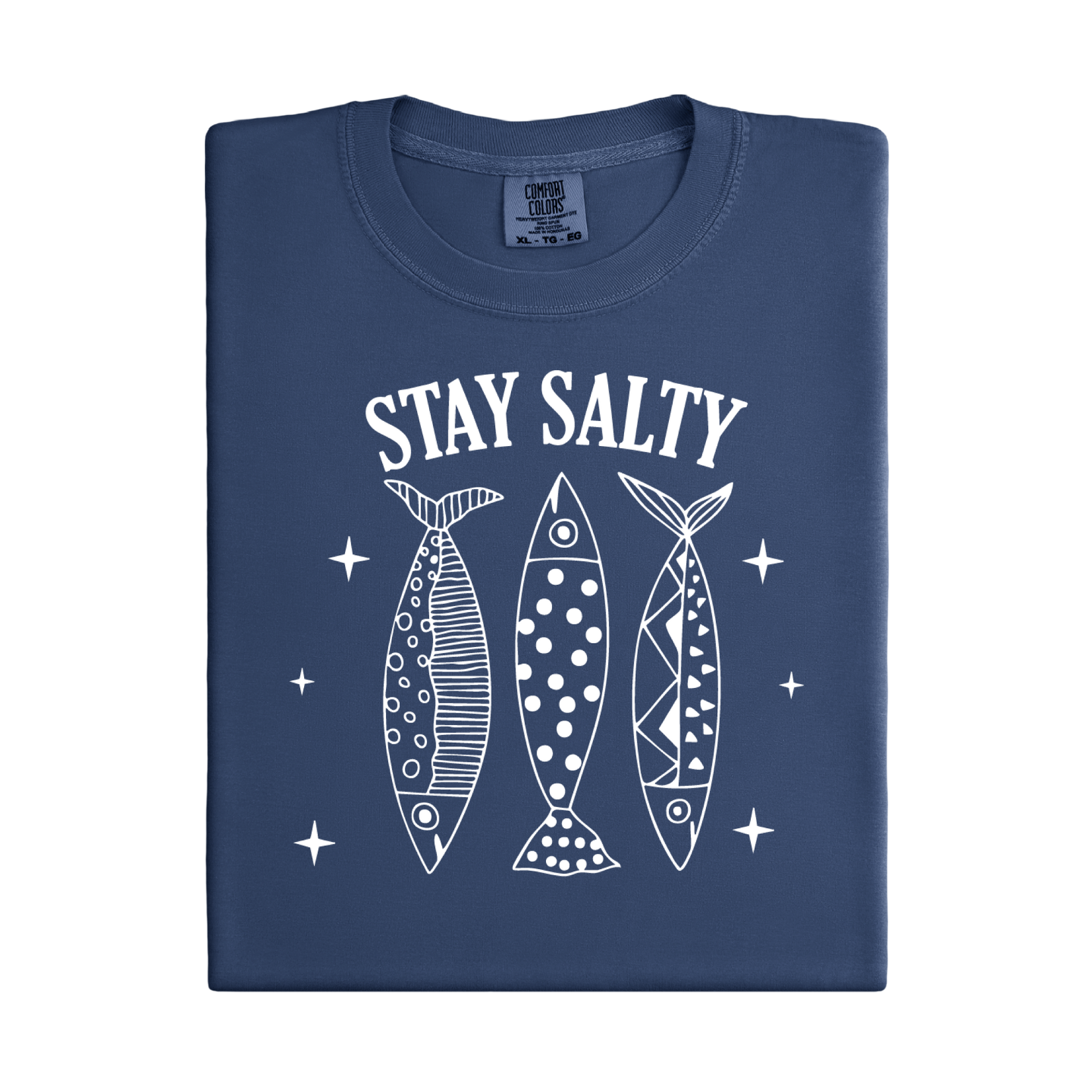 Folded navy blue t-shirt with 'Stay Salty' text and fish illustrations on a white background