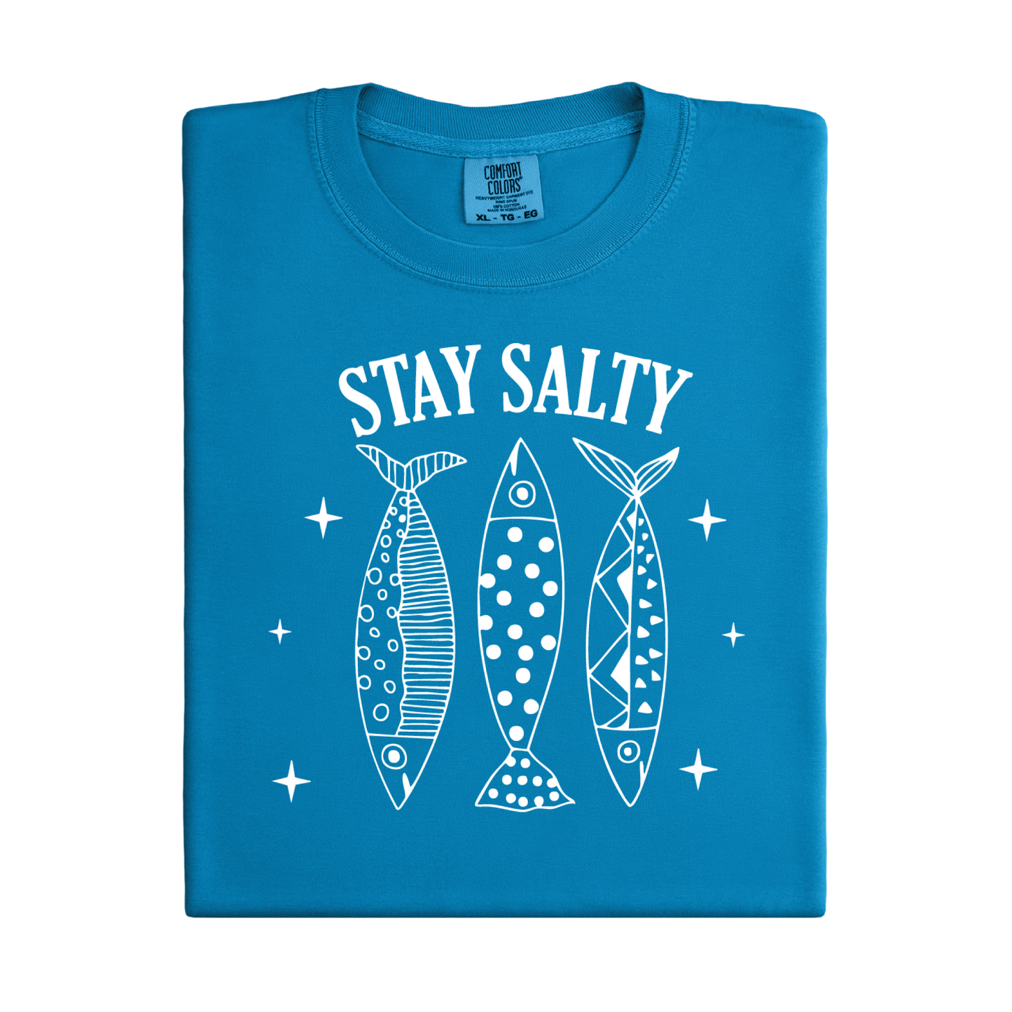 Blue t-shirt with 'Stay Salty' text and fish illustrations on a white background