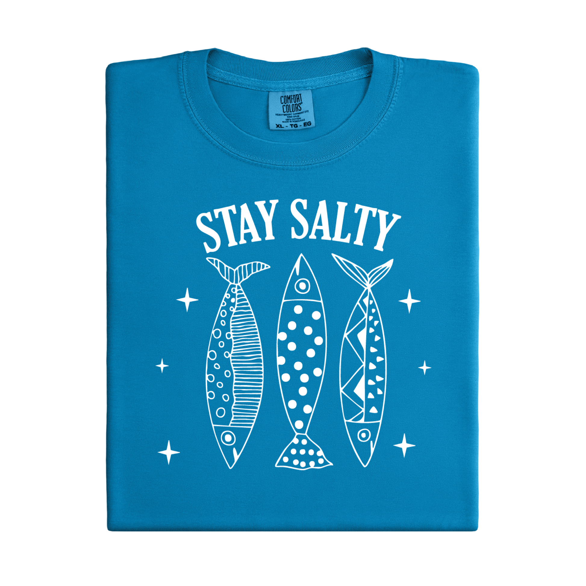 Blue t-shirt with 'Stay Salty' text and fish illustrations on a white background