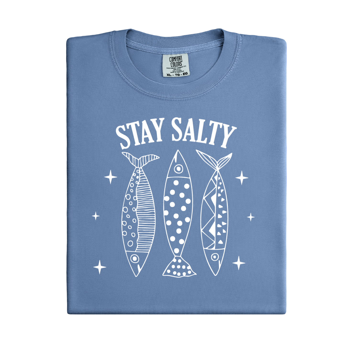 Folded blue t-shirt with 'Stay Salty' text and fish graphics on a white background