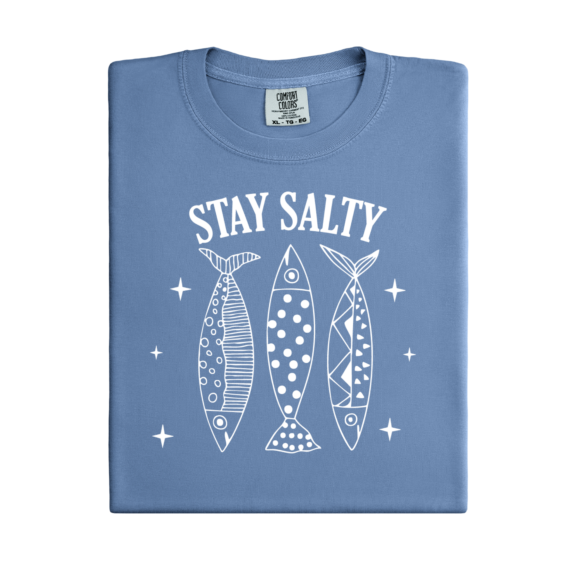 Folded blue t-shirt with 'Stay Salty' text and fish graphics on a white background