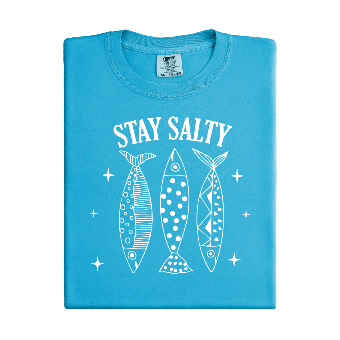Blue t-shirt with 'Stay Salty' text and fish illustrations on a white background