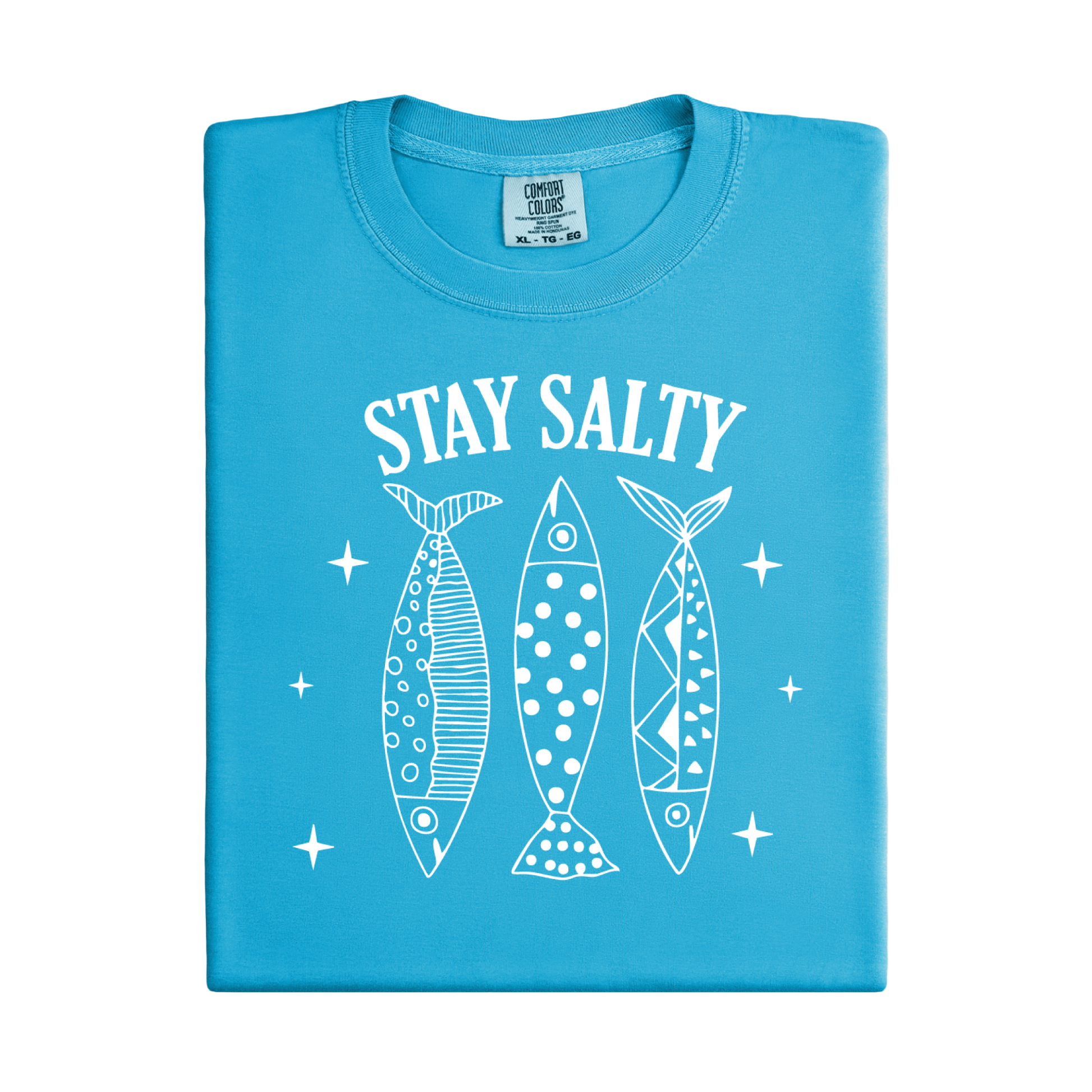 Blue t-shirt with 'Stay Salty' text and fish illustrations on a white background