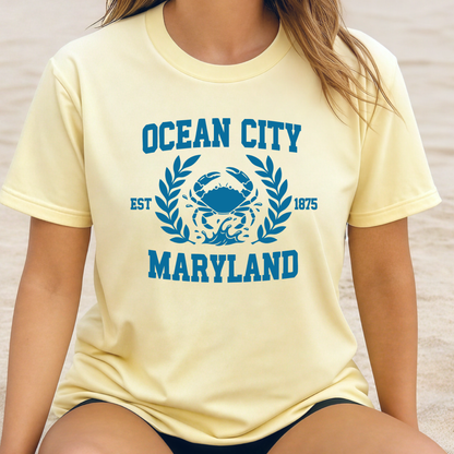 Person wearing a yellow t-shirt with 'Ocean City, Maryland' printed in blue.