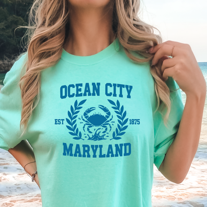 Person wearing a island reef t-shirt with 'Ocean City, Maryland' printed on it at the beach.