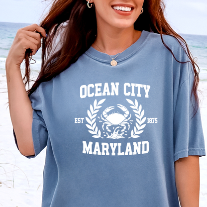 Person wearing a blue t-shirt with 'Ocean City, Maryland' printed on it at the beach.