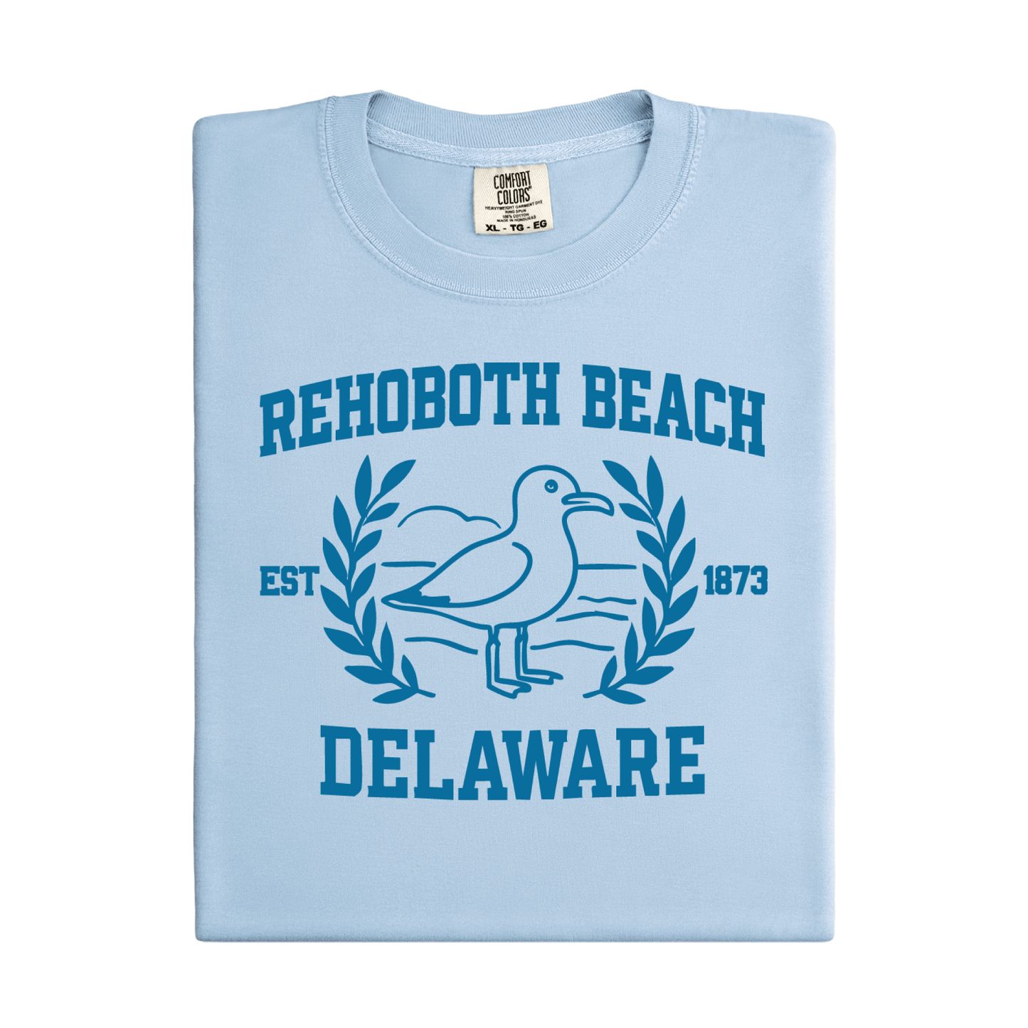 Light blue t-shirt with Rehoboth Beach, Delaware design on a white background