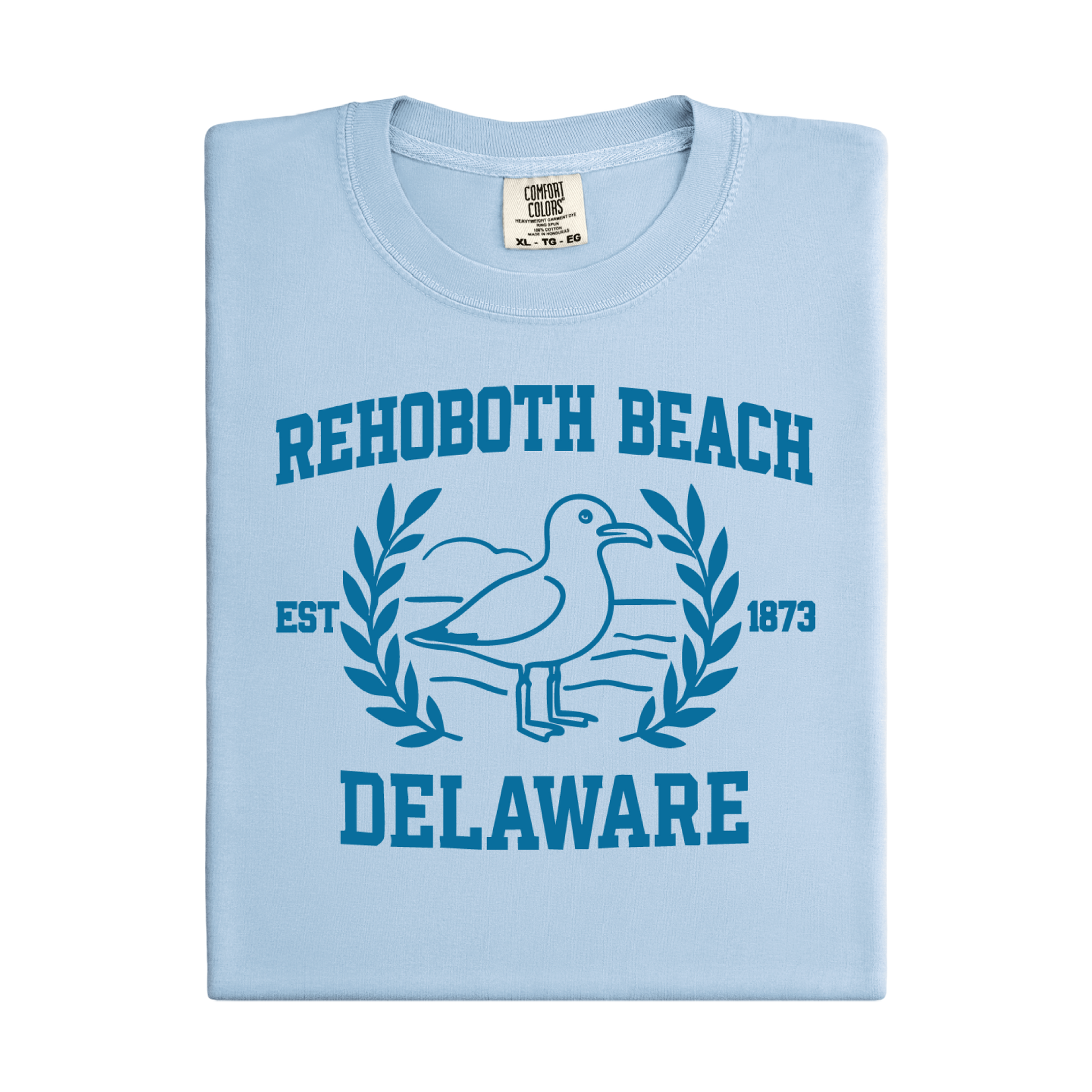 Light blue t-shirt with Rehoboth Beach, Delaware design on a white background