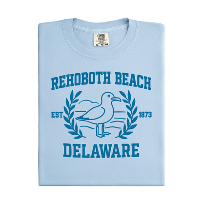 Light blue t-shirt with Rehoboth Beach, Delaware design on a white background