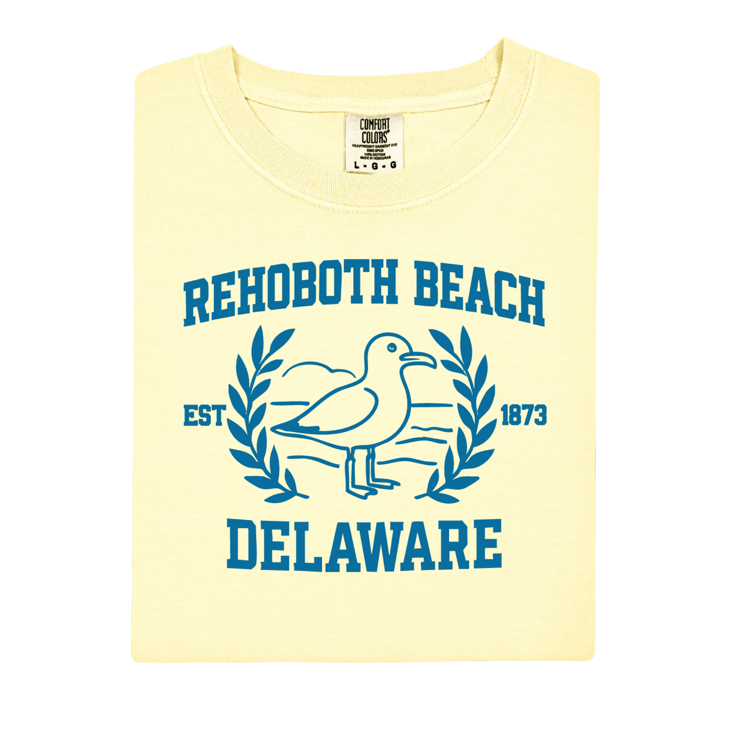 Yellow t-shirt with blue 'Rehoboth Beach, Delaware' design featuring a seagull.