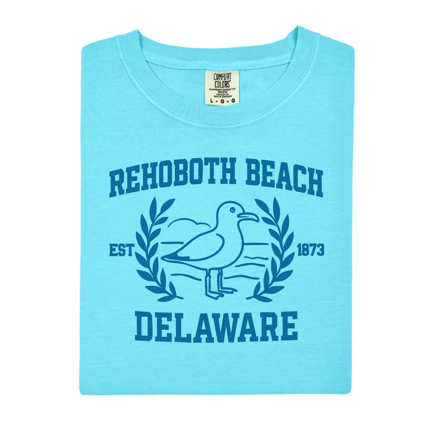 Lagoon blue t-shirt with 'Rehoboth Beach, Delaware' design on a white background