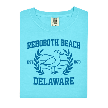 Lagoon blue t-shirt with 'Rehoboth Beach, Delaware' design on a white background