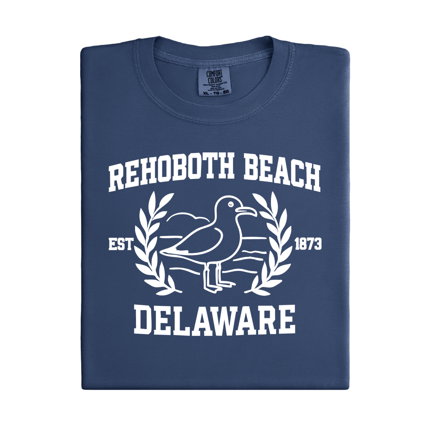 Folded navy blue t-shirt with white text and seagull design on a white background