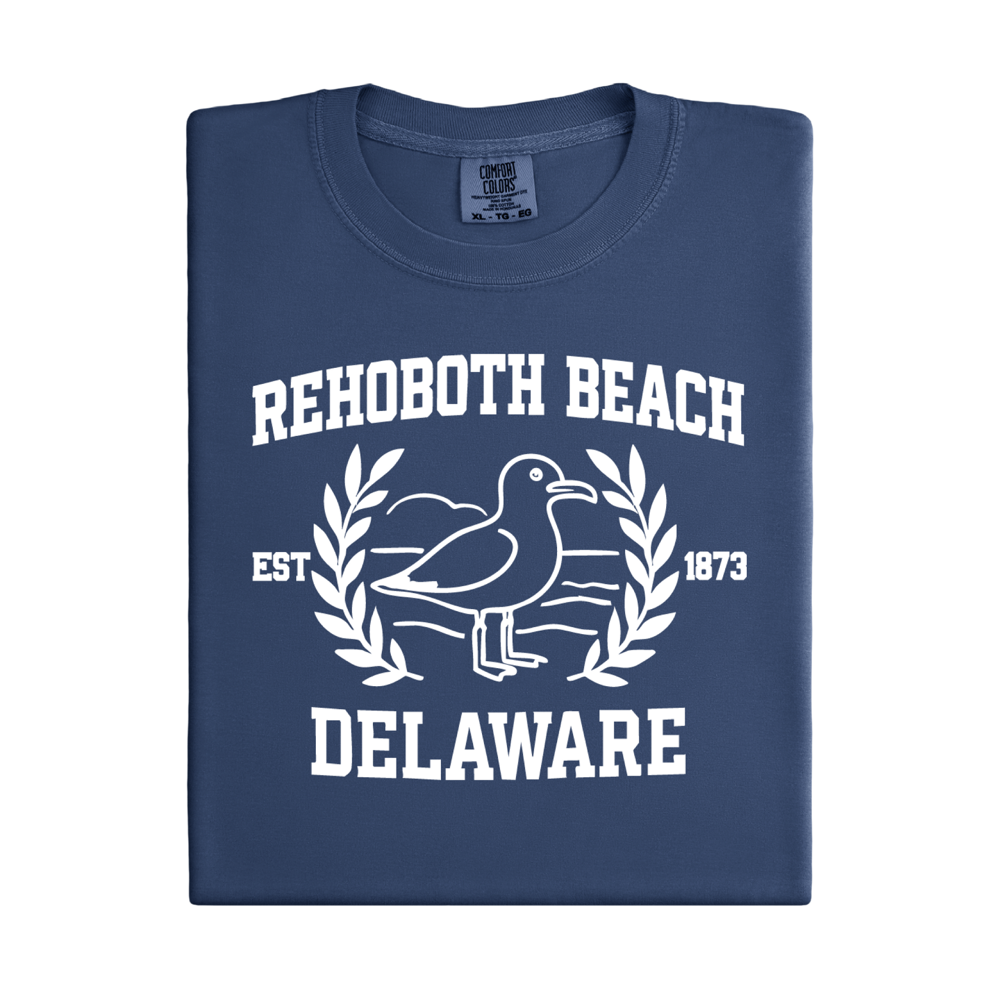 Folded navy blue t-shirt with white text and seagull design on a white background