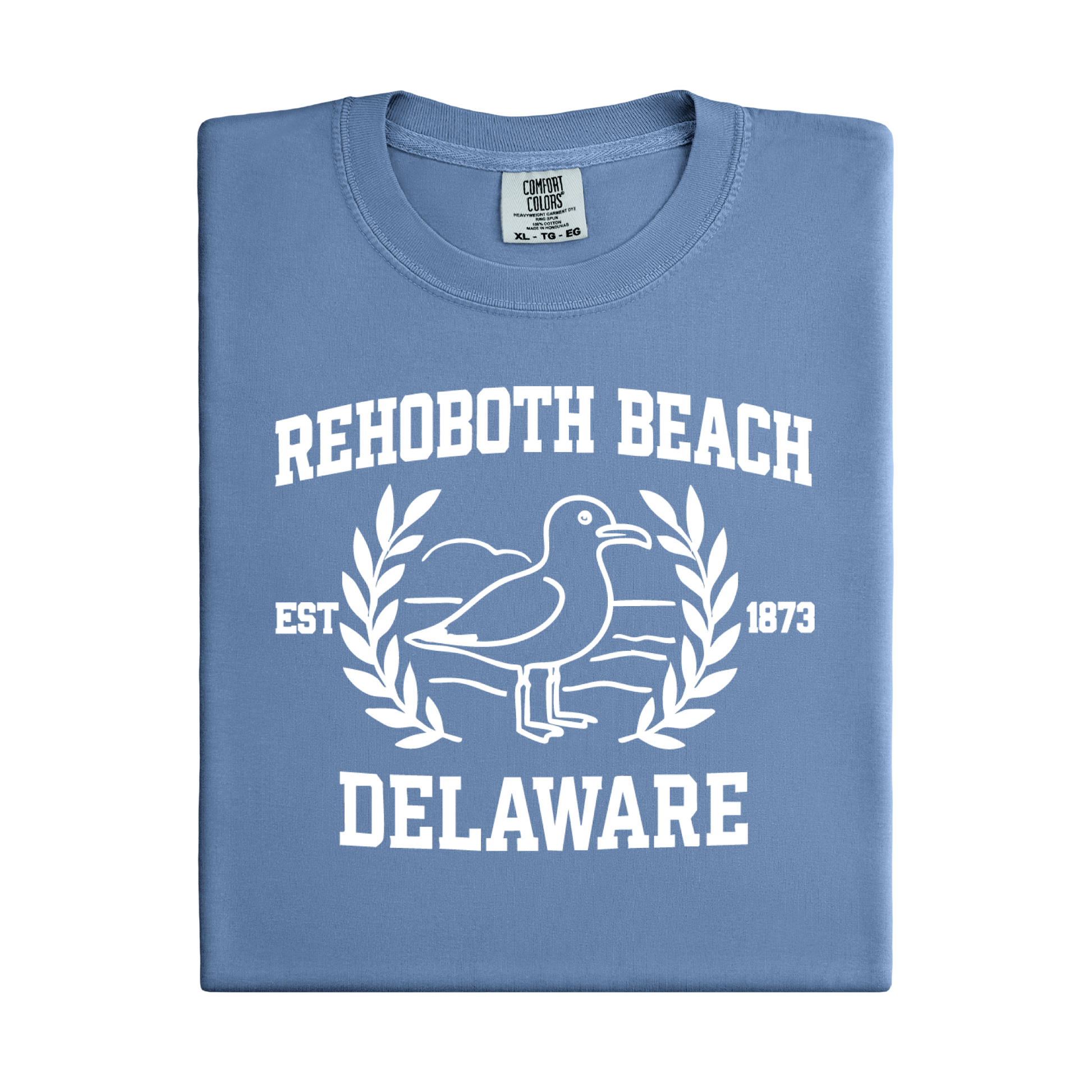 Folded blue t-shirt with white graphic and text 'Rehoboth Beach, Delaware' on a white background