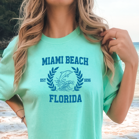 Person wearing a island reef 'Miami Beach Florida' t-shirt with a beach background