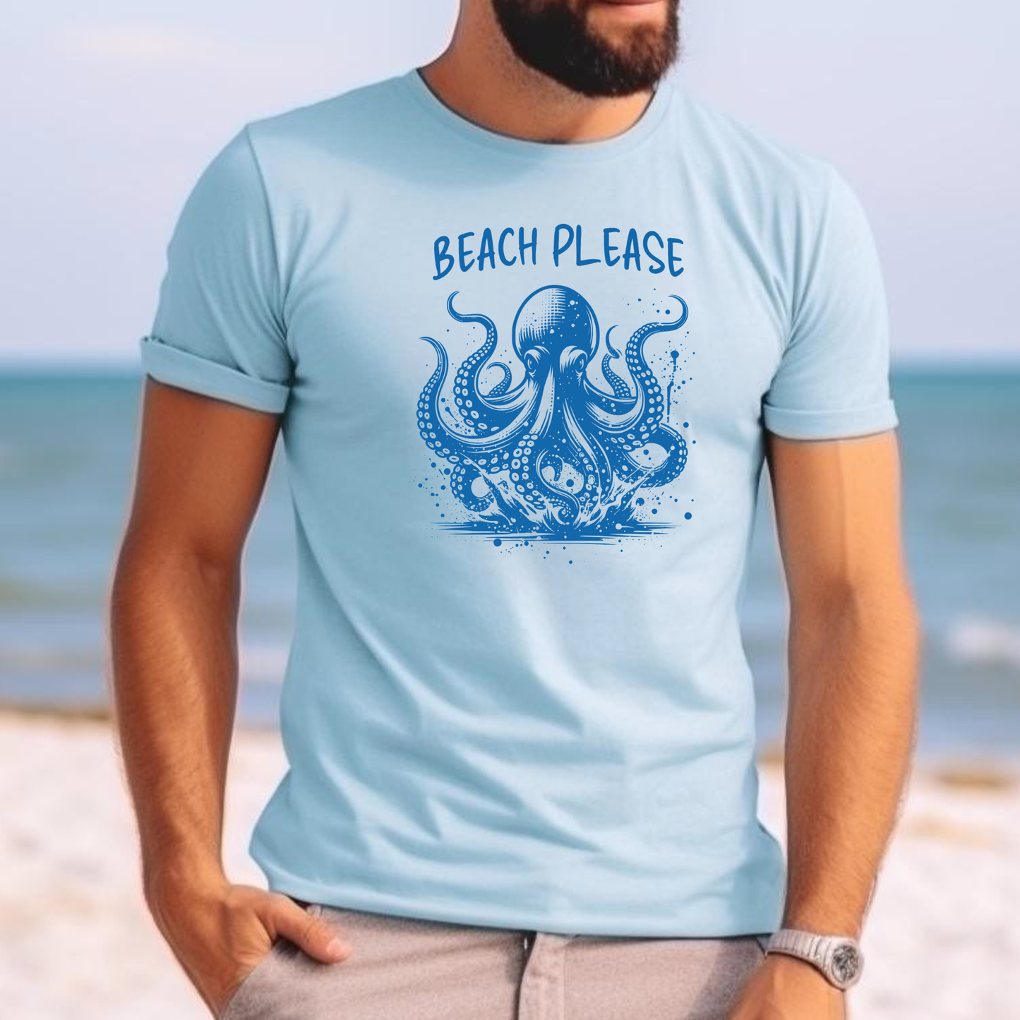 Comfort Colors 1717 "Beach Please" t shirt with a octopus  jumping in water in one color graphic. Picture of a man on the beach wearing a t shirt.