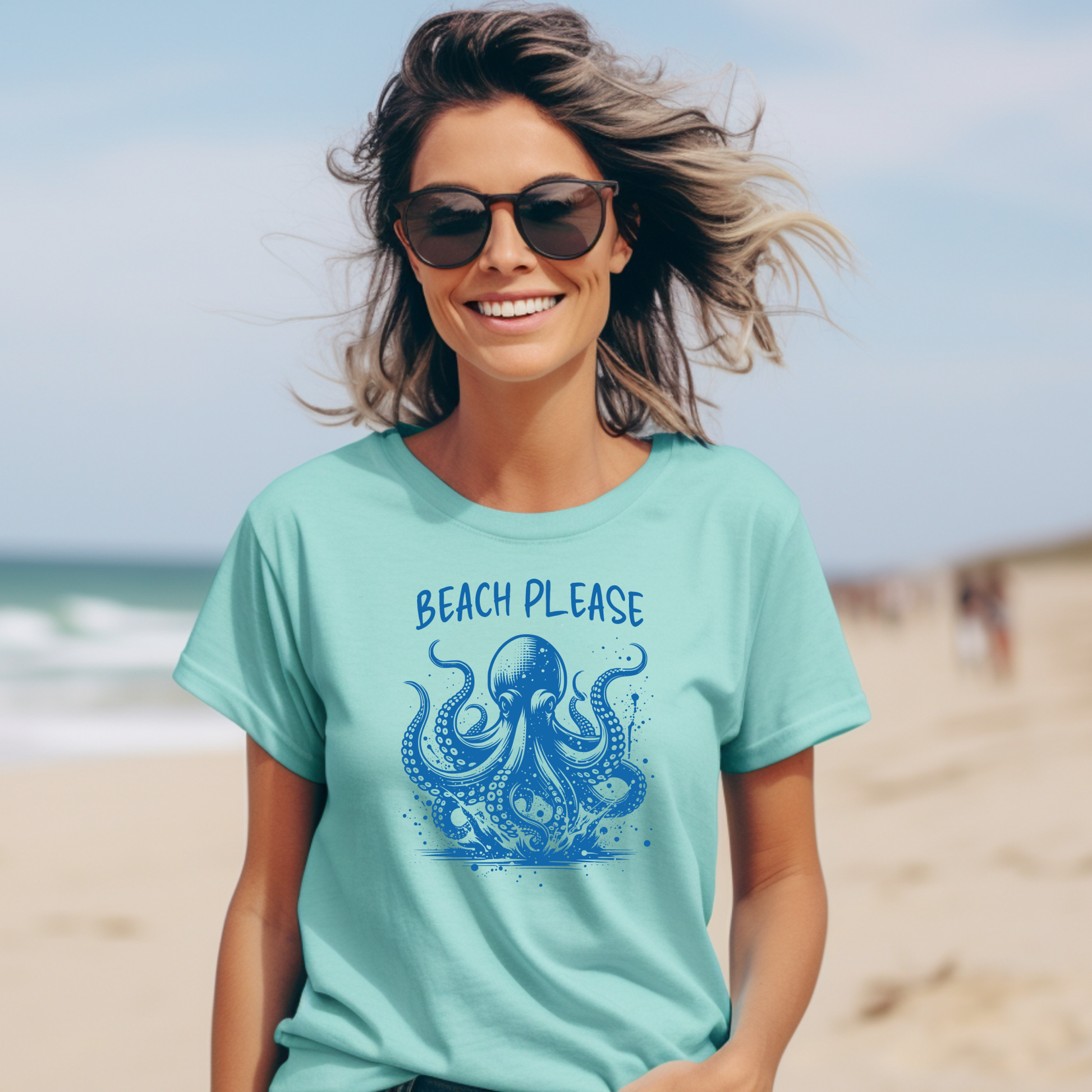 Comfort Colors 1717 "Beach Please" t shirt with a octopus  jumping in water in one color graphic. Picture of a girl on the beach wearing an oversized t shirt.