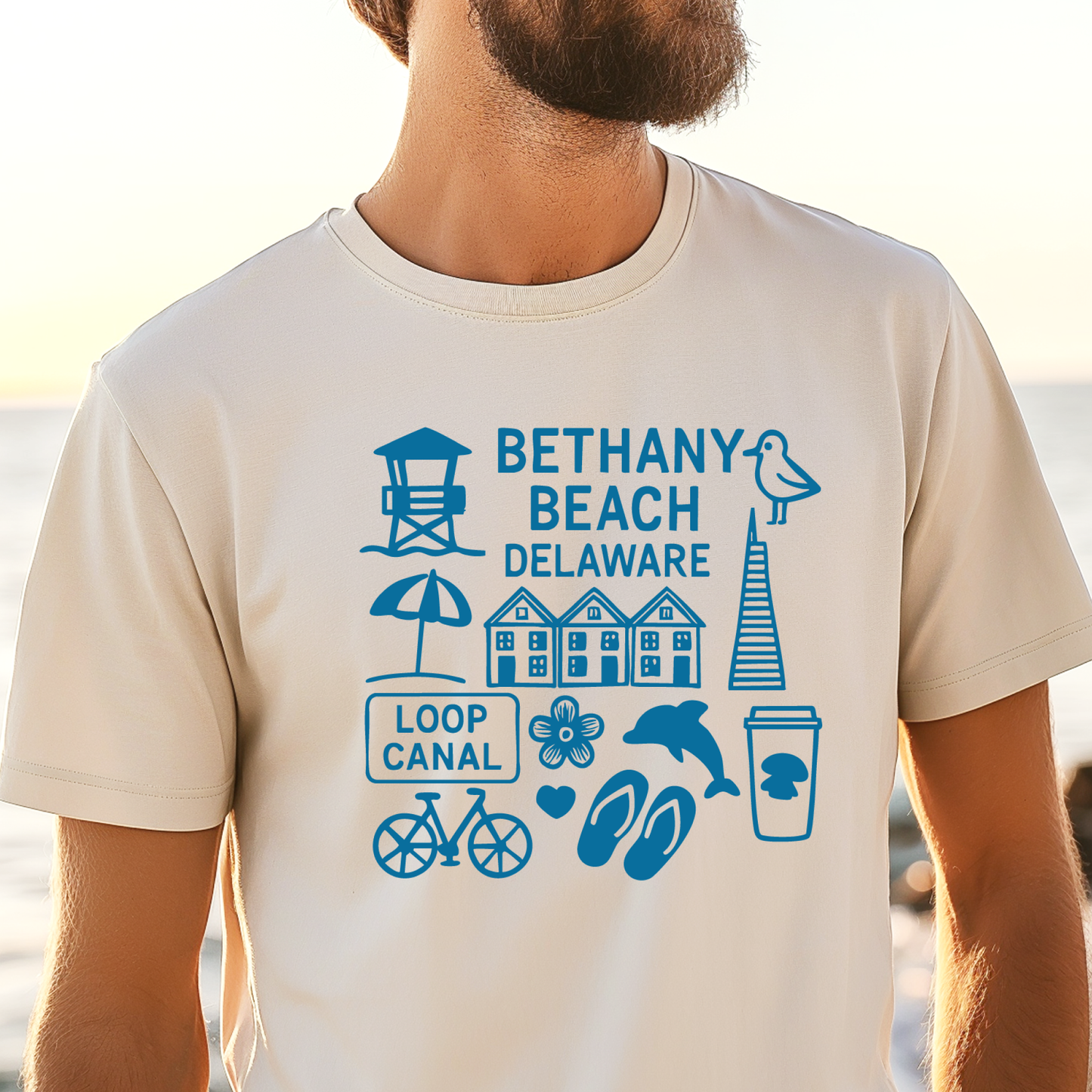 Person wearing a t-shirt with Bethany Beach, Delaware graphics and text.