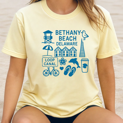 Person wearing a yellow t-shirt with blue graphics and text about Bethany Beach, Delaware.