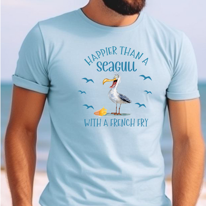 Light blue t-shirt with a seagull graphic and text on a beach background