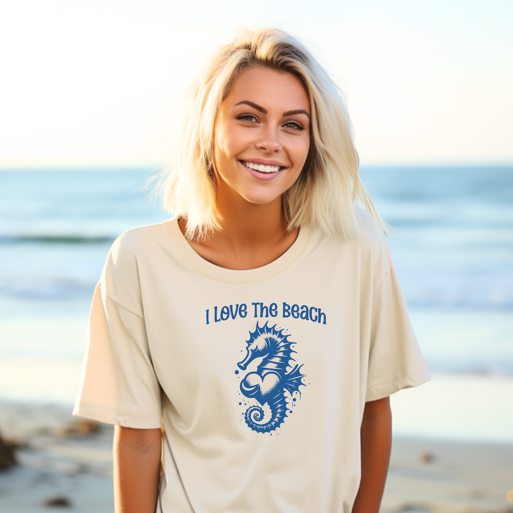 Comfort Colors 1717 "I Love The Beach" t shirt with a seahorse holding a heart graphics in one color. Picture of a girl in an oversize shirt standing on the beach. 