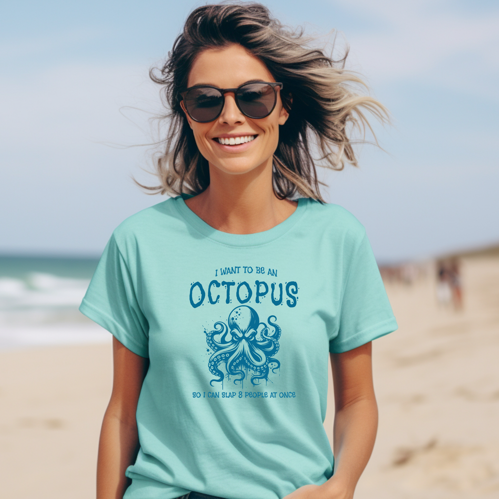 Comfort Colors 1717 "I Want To Be On Octopus So I Can Slap 8 People At Once" t shirt with an angry octopus one color graphic. Picture of a girl standing on the beach in a t shirt.