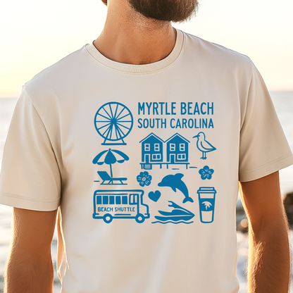 Person wearing a t-shirt with Myrtle Beach, South Carolina-themed graphics on a beach.