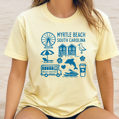 Person wearing a yellow t-shirt with blue 'Myrtle Beach South Carolina' graphics.