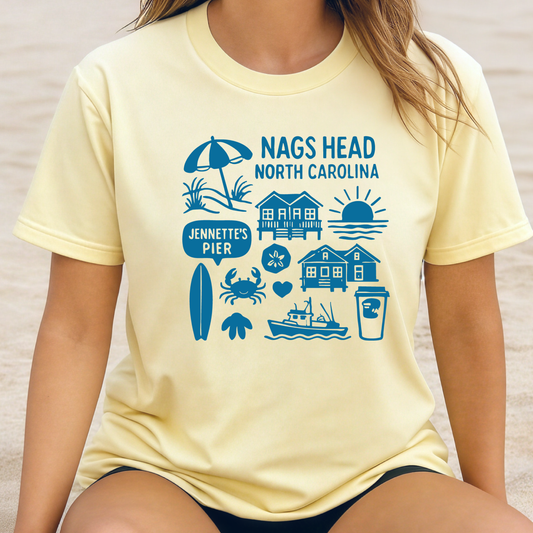 Person wearing a yellow t-shirt with blue Nags Head, North Carolina graphics.