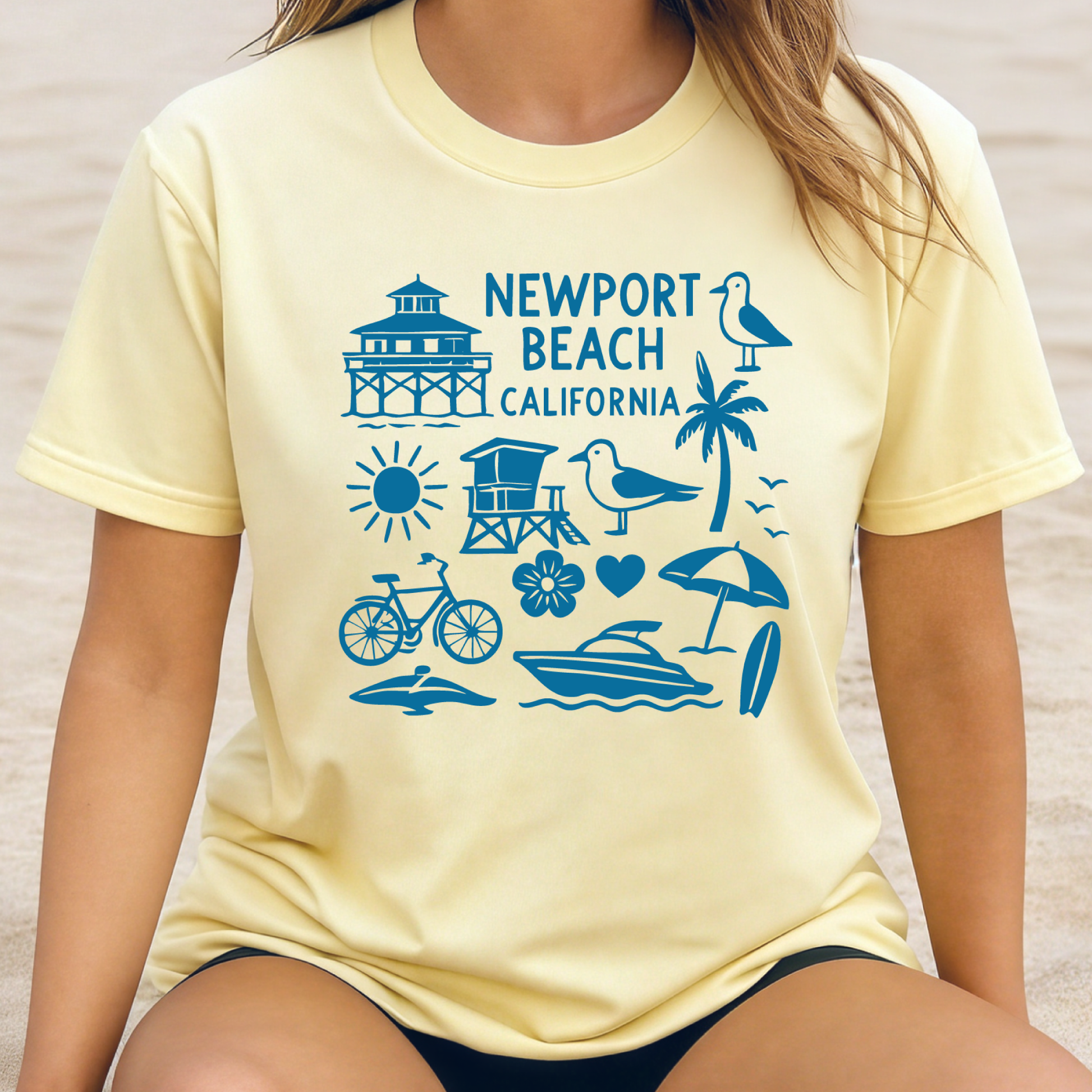 Person wearing a yellow t-shirt with blue Newport Beach California graphics.