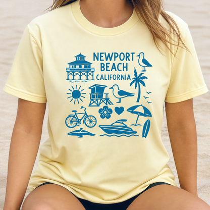 Person wearing a yellow t-shirt with blue Newport Beach California graphics.