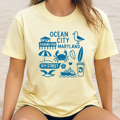 Person wearing a yellow t-shirt with blue 'Ocean City, Maryland' graphics.