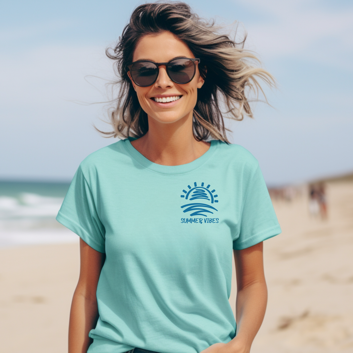 Comfort Colors 1717 "Summer Vibes" t shirt with sun and waves one color graphic. Picture of a girl standing on the beach wearing a t shirt.
