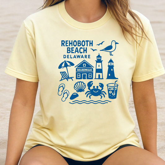 Person wearing a yellow t-shirt with blue Rehoboth Beach, Delaware graphics.