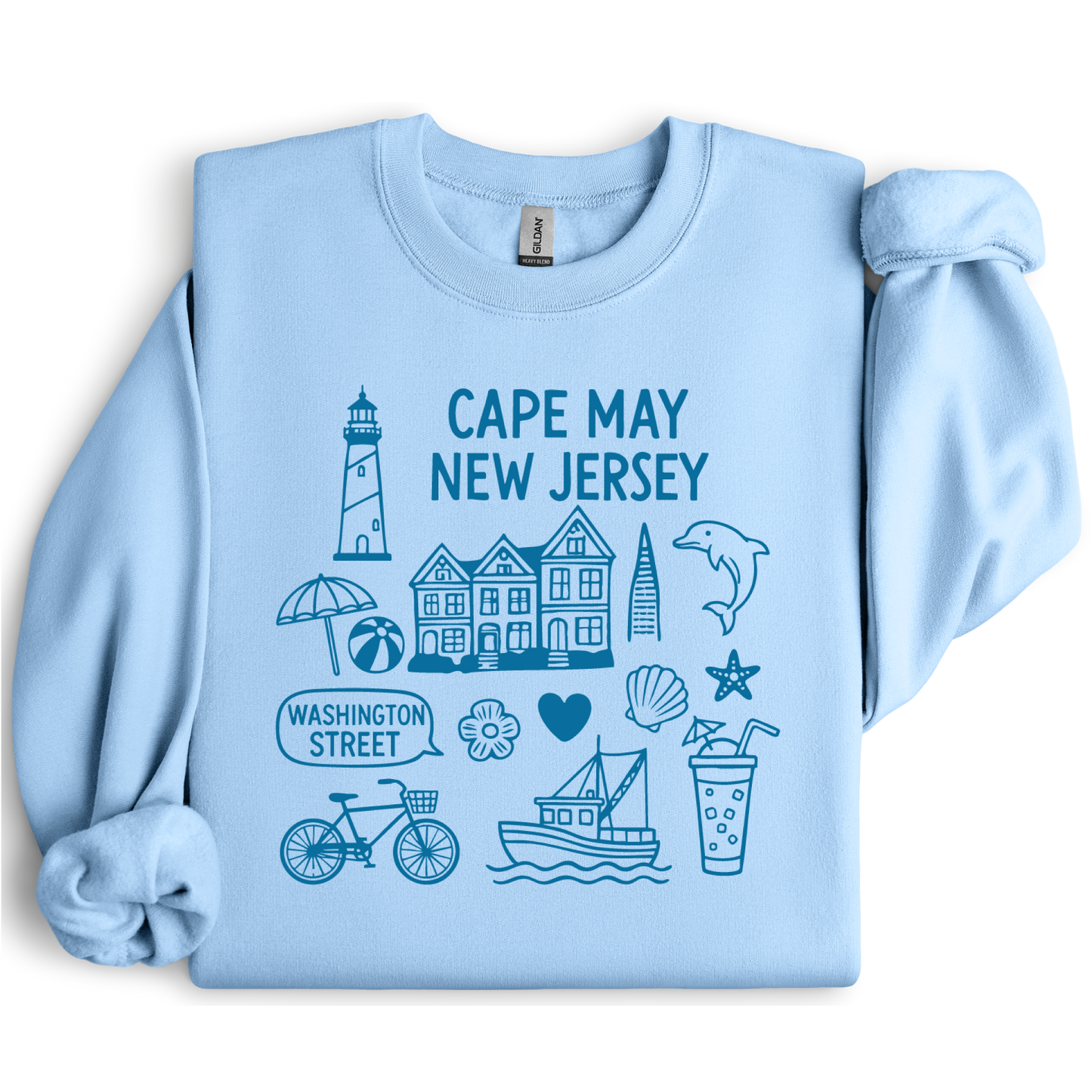 Gildan sweatshirt with blue Cape May New Jersey design featuring beach icons like a lighthouse, dolphin, beach ball, shells, and Washington Street sign. Coastal-inspired pullover made from soft cotton-poly blend fabric, ideal for beach lovers and Cape May fans. Perfect for seaside getaways or relaxing at home, this cozy crewneck celebrates the charm of New Jersey’s iconic coastal town.