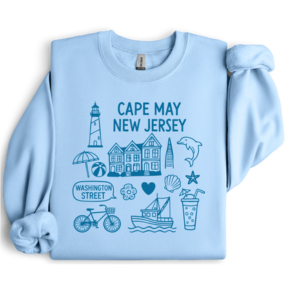 Gildan sweatshirt with blue Cape May New Jersey design featuring beach icons like a lighthouse, dolphin, beach ball, shells, and Washington Street sign. Coastal-inspired pullover made from soft cotton-poly blend fabric, ideal for beach lovers and Cape May fans. Perfect for seaside getaways or relaxing at home, this cozy crewneck celebrates the charm of New Jersey’s iconic coastal town.