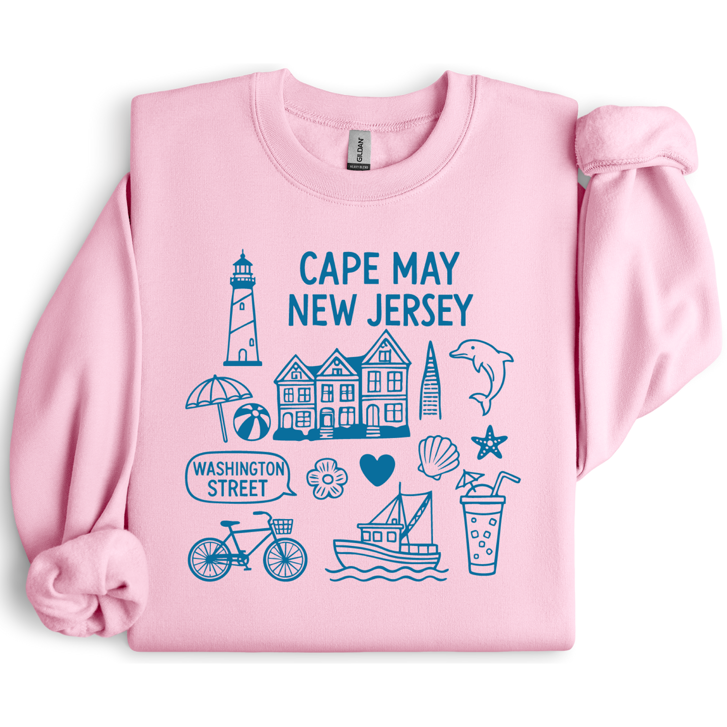 Gildan sweatshirt with blue Cape May New Jersey design featuring beach icons like a lighthouse, dolphin, beach ball, shells, and Washington Street sign. Coastal-inspired pullover made from soft cotton-poly blend fabric, ideal for beach lovers and Cape May fans. Perfect for seaside getaways or relaxing at home, this cozy crewneck celebrates the charm of New Jersey’s iconic coastal town.
