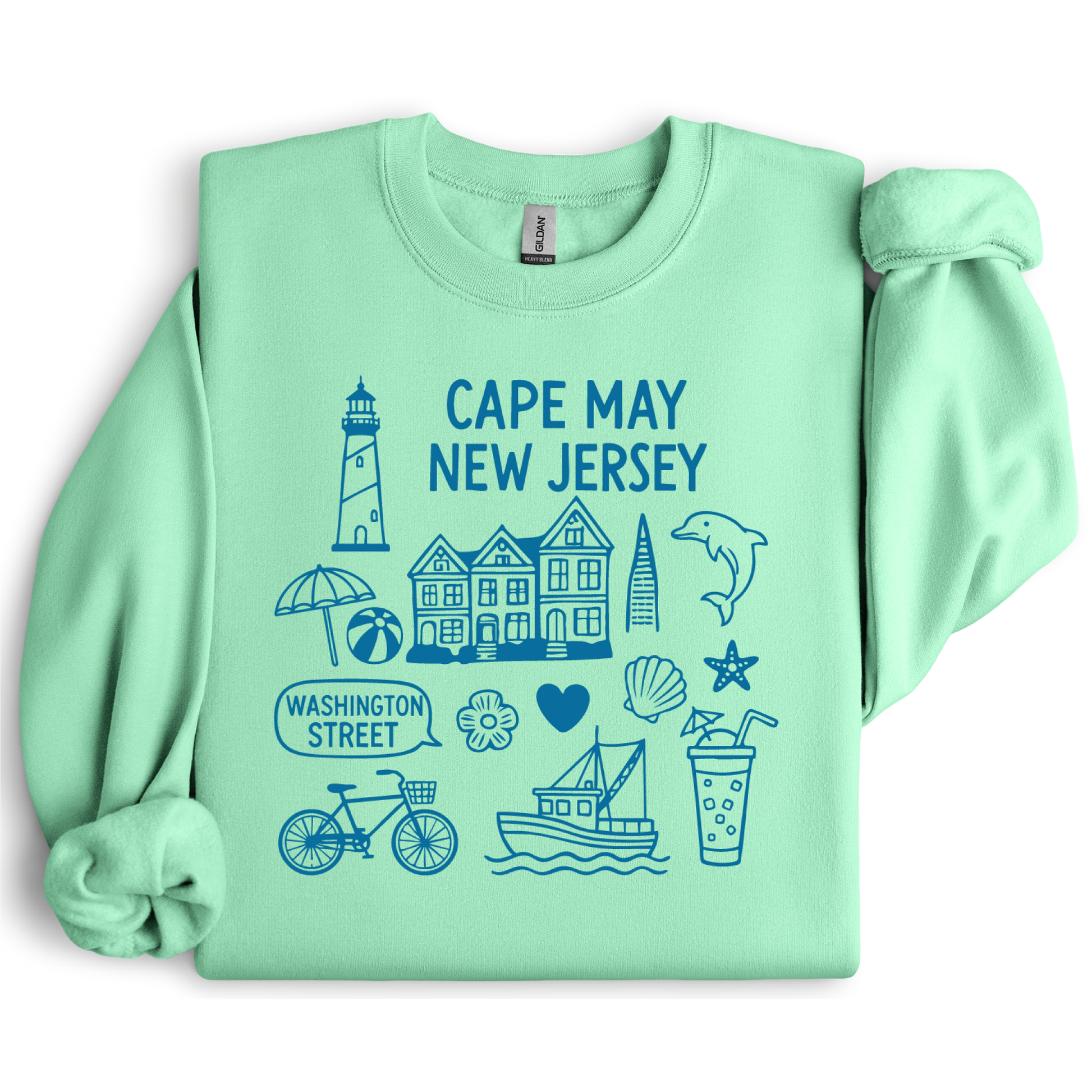 Gildan sweatshirt with blue Cape May New Jersey design featuring beach icons like a lighthouse, dolphin, beach ball, shells, and Washington Street sign. Coastal-inspired pullover made from soft cotton-poly blend fabric, ideal for beach lovers and Cape May fans. Perfect for seaside getaways or relaxing at home, this cozy crewneck celebrates the charm of New Jersey’s iconic coastal town.