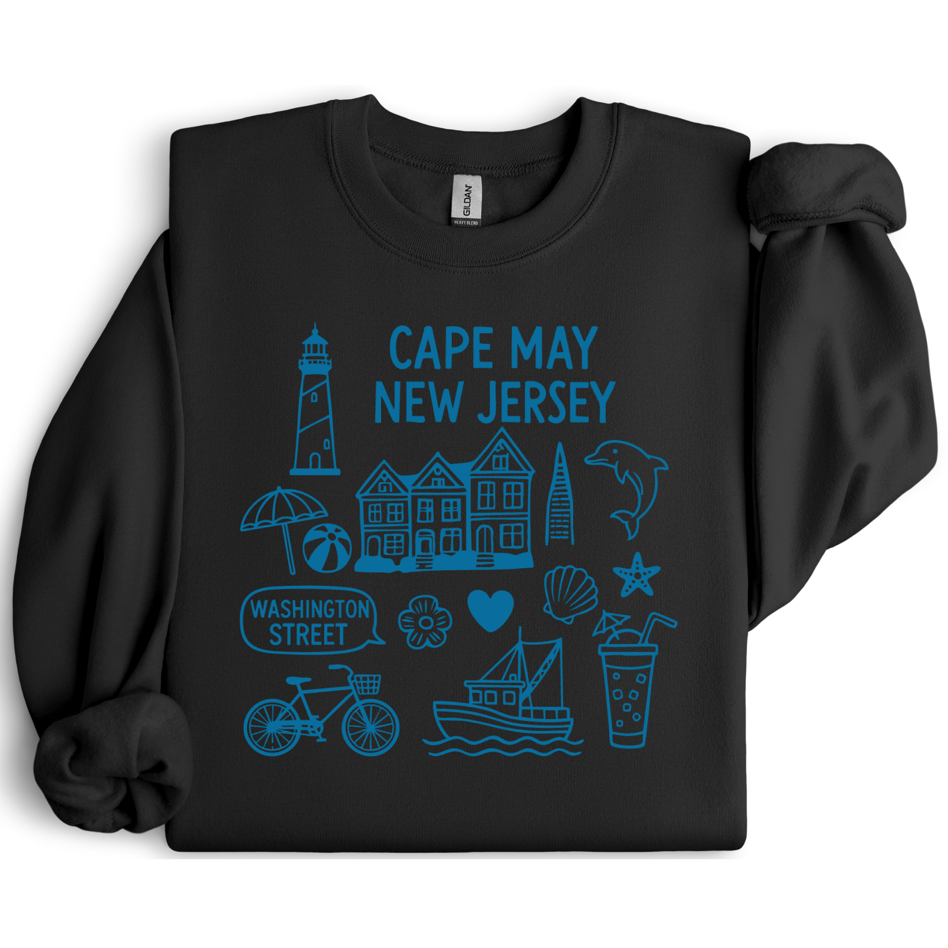 Gildan sweatshirt with blue Cape May New Jersey design featuring beach icons like a lighthouse, dolphin, beach ball, shells, and Washington Street sign. Coastal-inspired pullover made from soft cotton-poly blend fabric, ideal for beach lovers and Cape May fans. Perfect for seaside getaways or relaxing at home, this cozy crewneck celebrates the charm of New Jersey’s iconic coastal town.