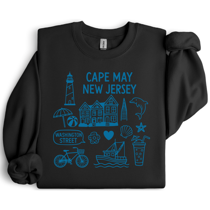 Gildan sweatshirt with blue Cape May New Jersey design featuring beach icons like a lighthouse, dolphin, beach ball, shells, and Washington Street sign. Coastal-inspired pullover made from soft cotton-poly blend fabric, ideal for beach lovers and Cape May fans. Perfect for seaside getaways or relaxing at home, this cozy crewneck celebrates the charm of New Jersey’s iconic coastal town.