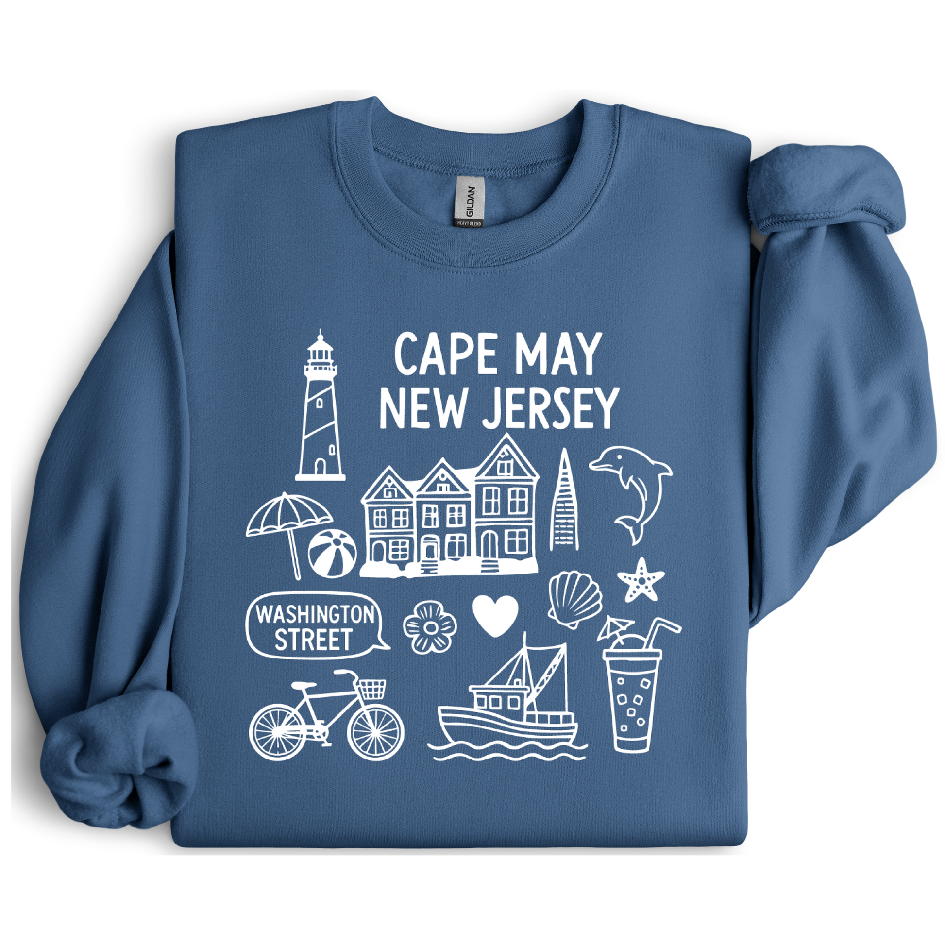 Gildan sweatshirt with blue Cape May New Jersey design featuring beach icons like a lighthouse, dolphin, beach ball, shells, and Washington Street sign. Coastal-inspired pullover made from soft cotton-poly blend fabric, ideal for beach lovers and Cape May fans. Perfect for seaside getaways or relaxing at home, this cozy crewneck celebrates the charm of New Jersey’s iconic coastal town.