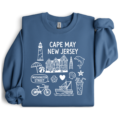 Gildan sweatshirt with blue Cape May New Jersey design featuring beach icons like a lighthouse, dolphin, beach ball, shells, and Washington Street sign. Coastal-inspired pullover made from soft cotton-poly blend fabric, ideal for beach lovers and Cape May fans. Perfect for seaside getaways or relaxing at home, this cozy crewneck celebrates the charm of New Jersey’s iconic coastal town.