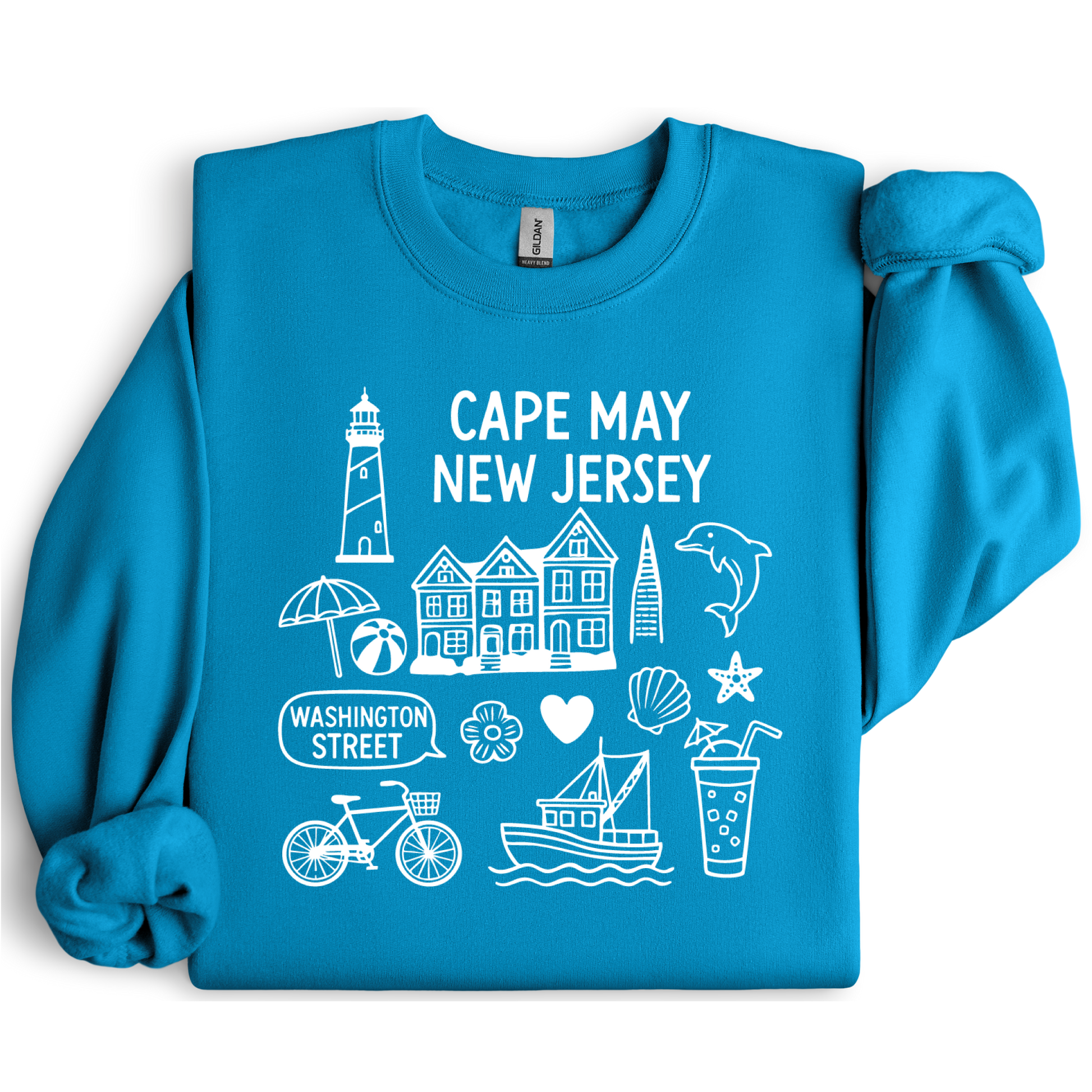Gildan sweatshirt with blue Cape May New Jersey design featuring beach icons like a lighthouse, dolphin, beach ball, shells, and Washington Street sign. Coastal-inspired pullover made from soft cotton-poly blend fabric, ideal for beach lovers and Cape May fans. Perfect for seaside getaways or relaxing at home, this cozy crewneck celebrates the charm of New Jersey’s iconic coastal town.