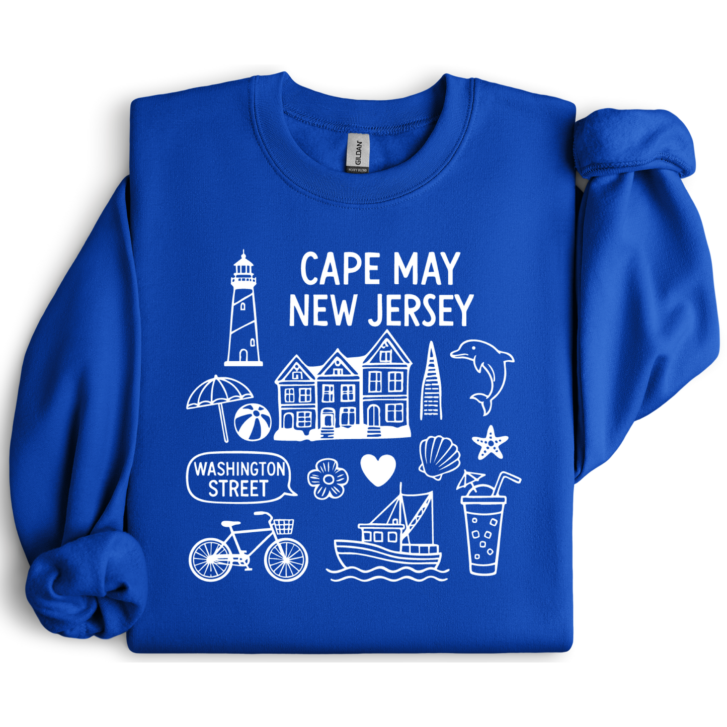 Gildan sweatshirt with blue Cape May New Jersey design featuring beach icons like a lighthouse, dolphin, beach ball, shells, and Washington Street sign. Coastal-inspired pullover made from soft cotton-poly blend fabric, ideal for beach lovers and Cape May fans. Perfect for seaside getaways or relaxing at home, this cozy crewneck celebrates the charm of New Jersey’s iconic coastal town.