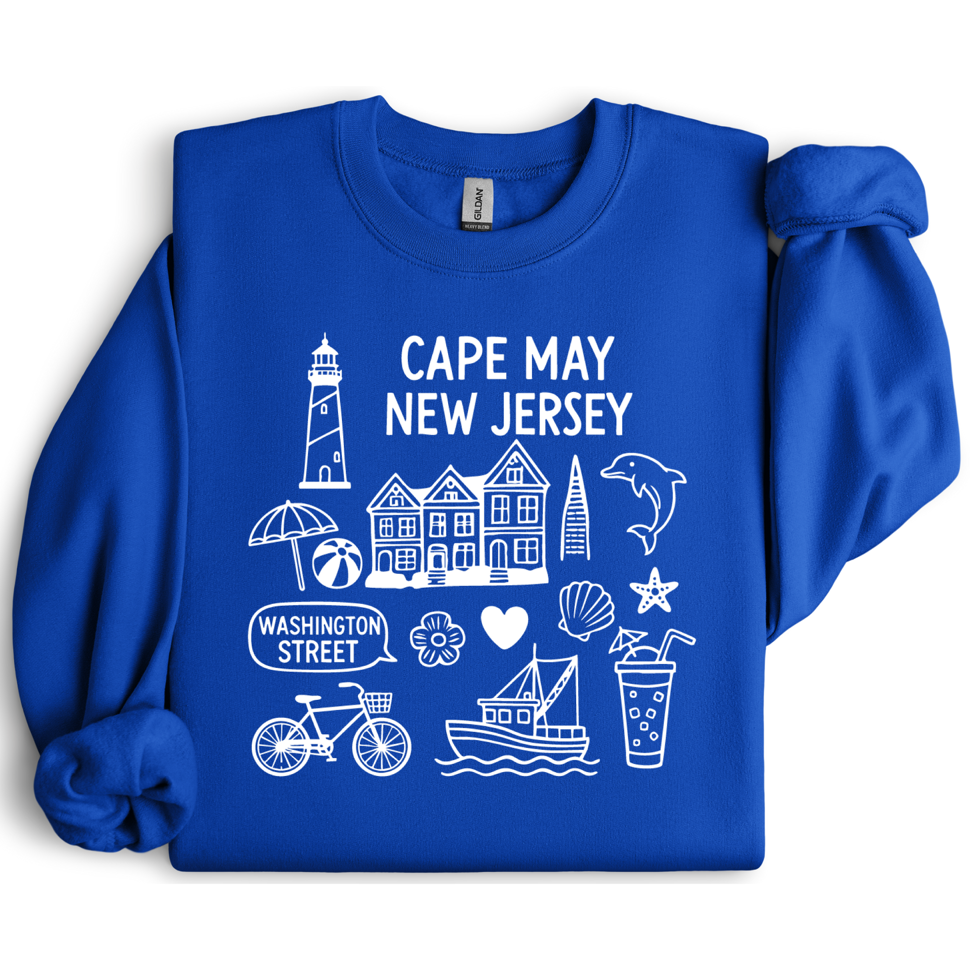 Gildan sweatshirt with blue Cape May New Jersey design featuring beach icons like a lighthouse, dolphin, beach ball, shells, and Washington Street sign. Coastal-inspired pullover made from soft cotton-poly blend fabric, ideal for beach lovers and Cape May fans. Perfect for seaside getaways or relaxing at home, this cozy crewneck celebrates the charm of New Jersey’s iconic coastal town.