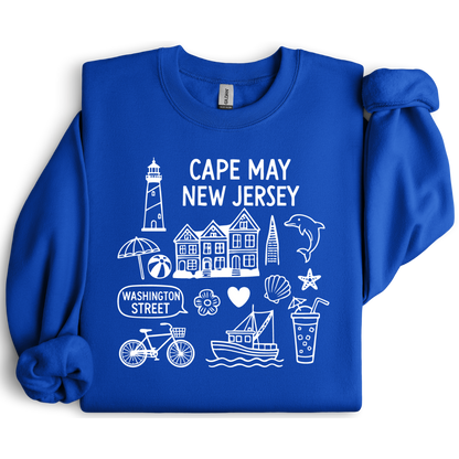 Gildan sweatshirt with blue Cape May New Jersey design featuring beach icons like a lighthouse, dolphin, beach ball, shells, and Washington Street sign. Coastal-inspired pullover made from soft cotton-poly blend fabric, ideal for beach lovers and Cape May fans. Perfect for seaside getaways or relaxing at home, this cozy crewneck celebrates the charm of New Jersey’s iconic coastal town.