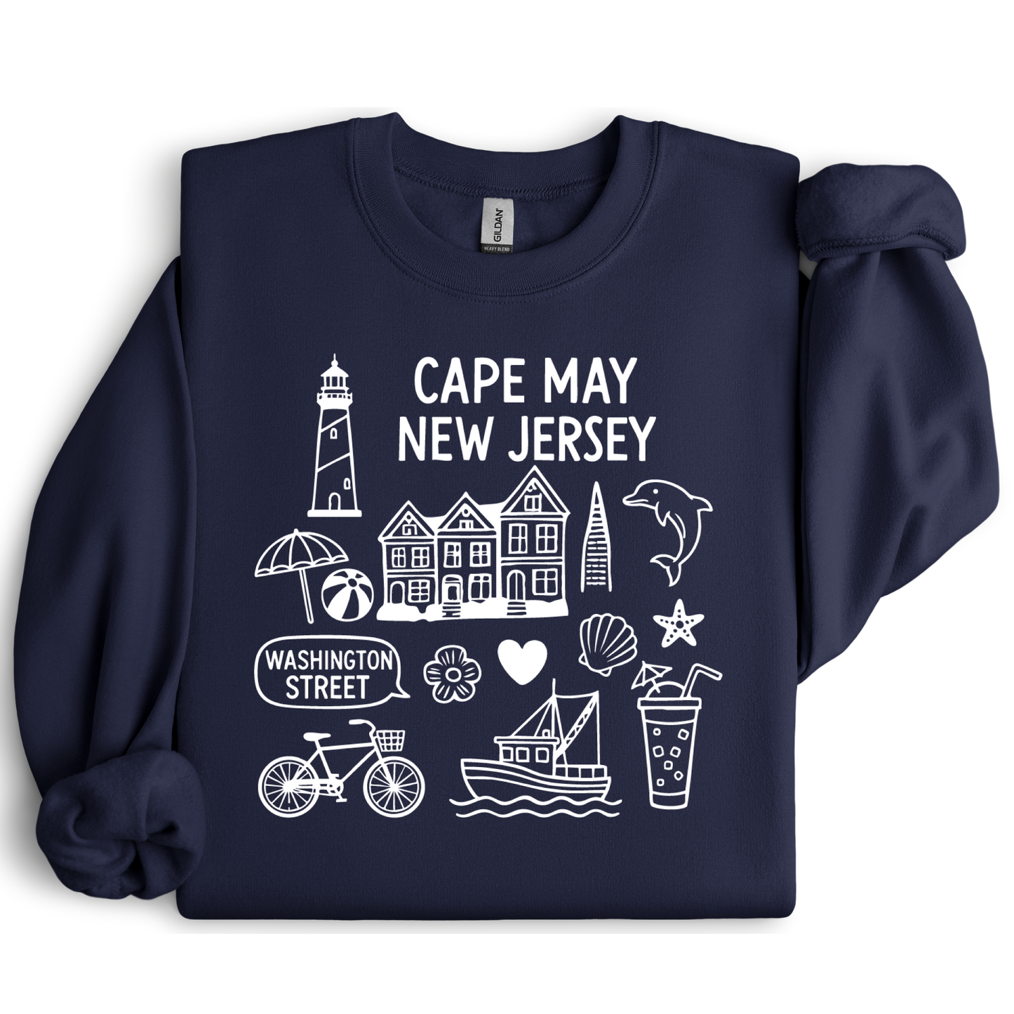 Gildan sweatshirt with blue Cape May New Jersey design featuring beach icons like a lighthouse, dolphin, beach ball, shells, and Washington Street sign. Coastal-inspired pullover made from soft cotton-poly blend fabric, ideal for beach lovers and Cape May fans. Perfect for seaside getaways or relaxing at home, this cozy crewneck celebrates the charm of New Jersey’s iconic coastal town.