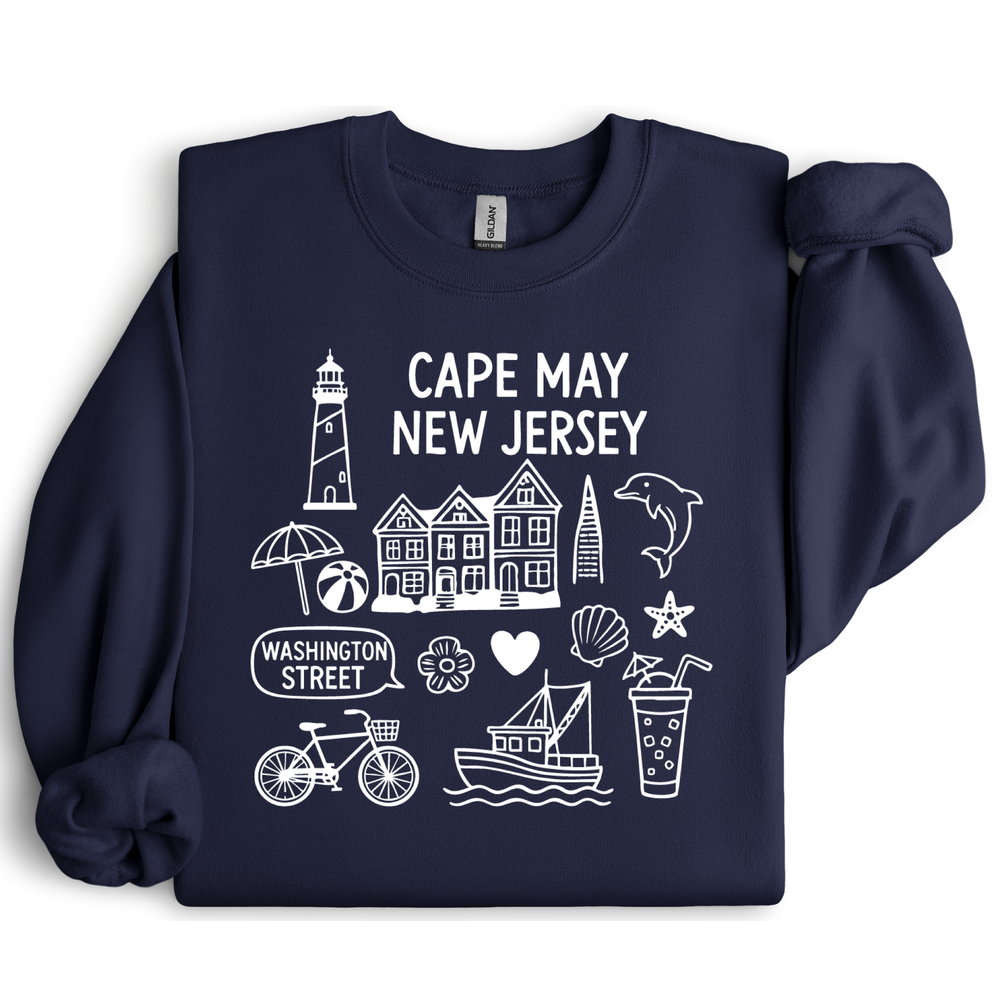 Gildan sweatshirt with blue Cape May New Jersey design featuring beach icons like a lighthouse, dolphin, beach ball, shells, and Washington Street sign. Coastal-inspired pullover made from soft cotton-poly blend fabric, ideal for beach lovers and Cape May fans. Perfect for seaside getaways or relaxing at home, this cozy crewneck celebrates the charm of New Jersey’s iconic coastal town.
