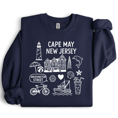 Gildan sweatshirt with blue Cape May New Jersey design featuring beach icons like a lighthouse, dolphin, beach ball, shells, and Washington Street sign. Coastal-inspired pullover made from soft cotton-poly blend fabric, ideal for beach lovers and Cape May fans. Perfect for seaside getaways or relaxing at home, this cozy crewneck celebrates the charm of New Jersey’s iconic coastal town.